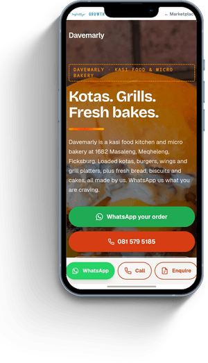 Davemarly, a kasi food kitchen page on a phone